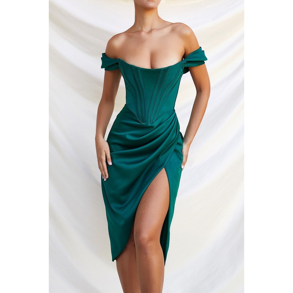 House of CB Loretta Emerald Green Satin Corset Off Shoulder Midi Dress S - Picture 2 of 14